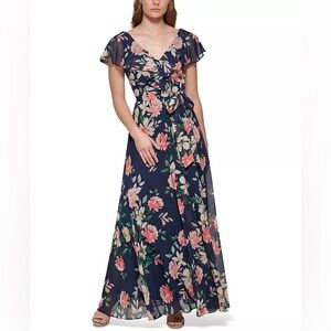Eliza J Floral Flutter-Sleeve Chiffon Dress